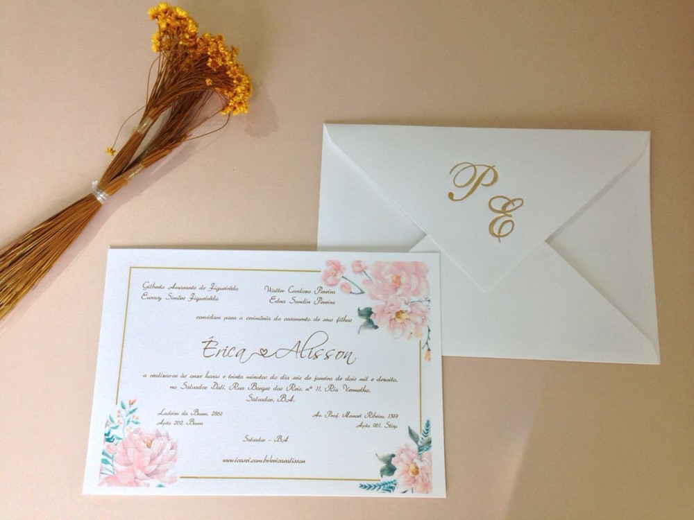 convite lindo envelope branco hotstamp e floral